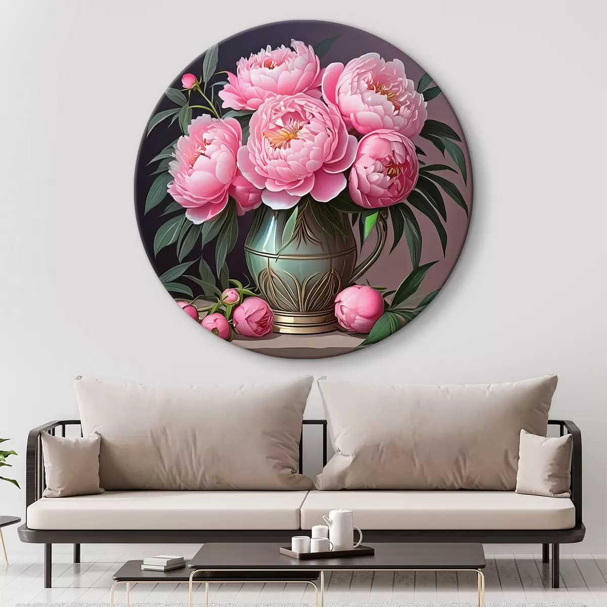 Apvalūs paveikslai rožinių bijūnų puokštė r39476 Apvalūs paveikslai rožinių bijūnų puokštė r39476