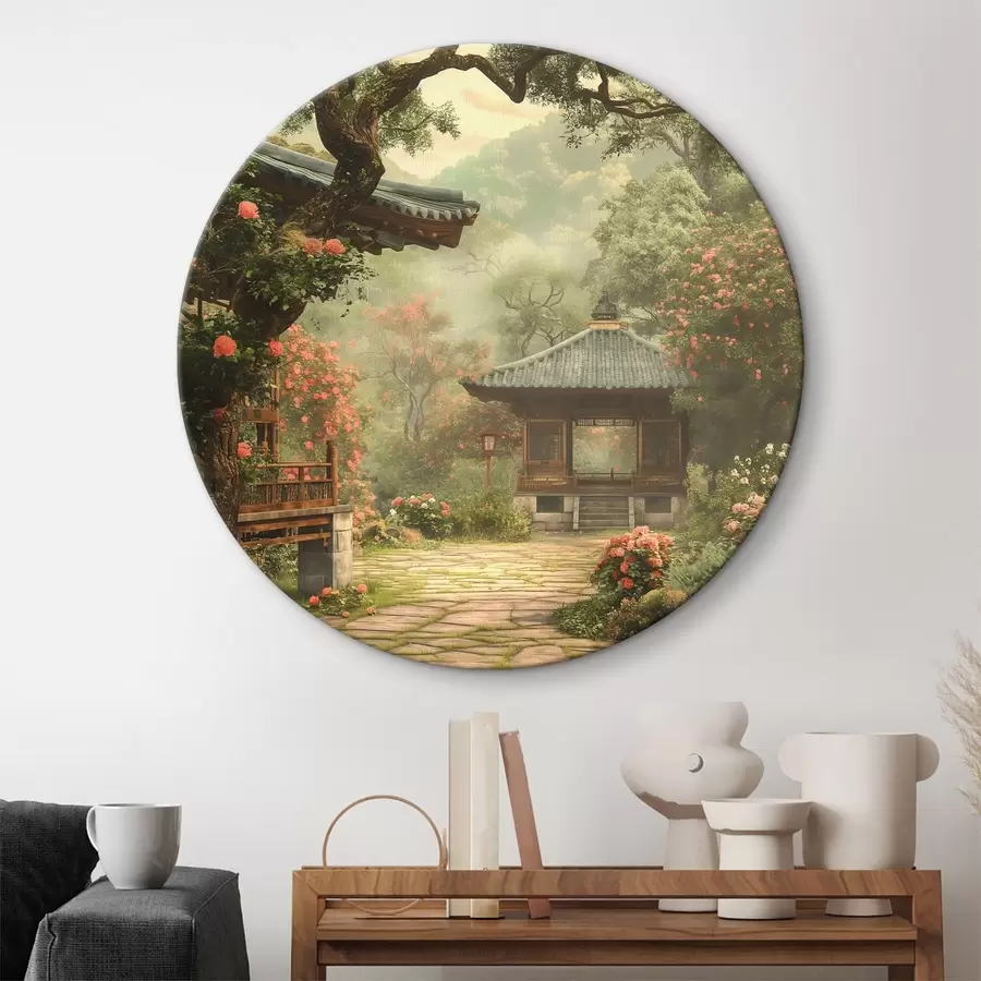 Fototapetai Japoniškas parkas su žydinčiais medžiais ir gėlėmis, miškas, medinis namas r39773