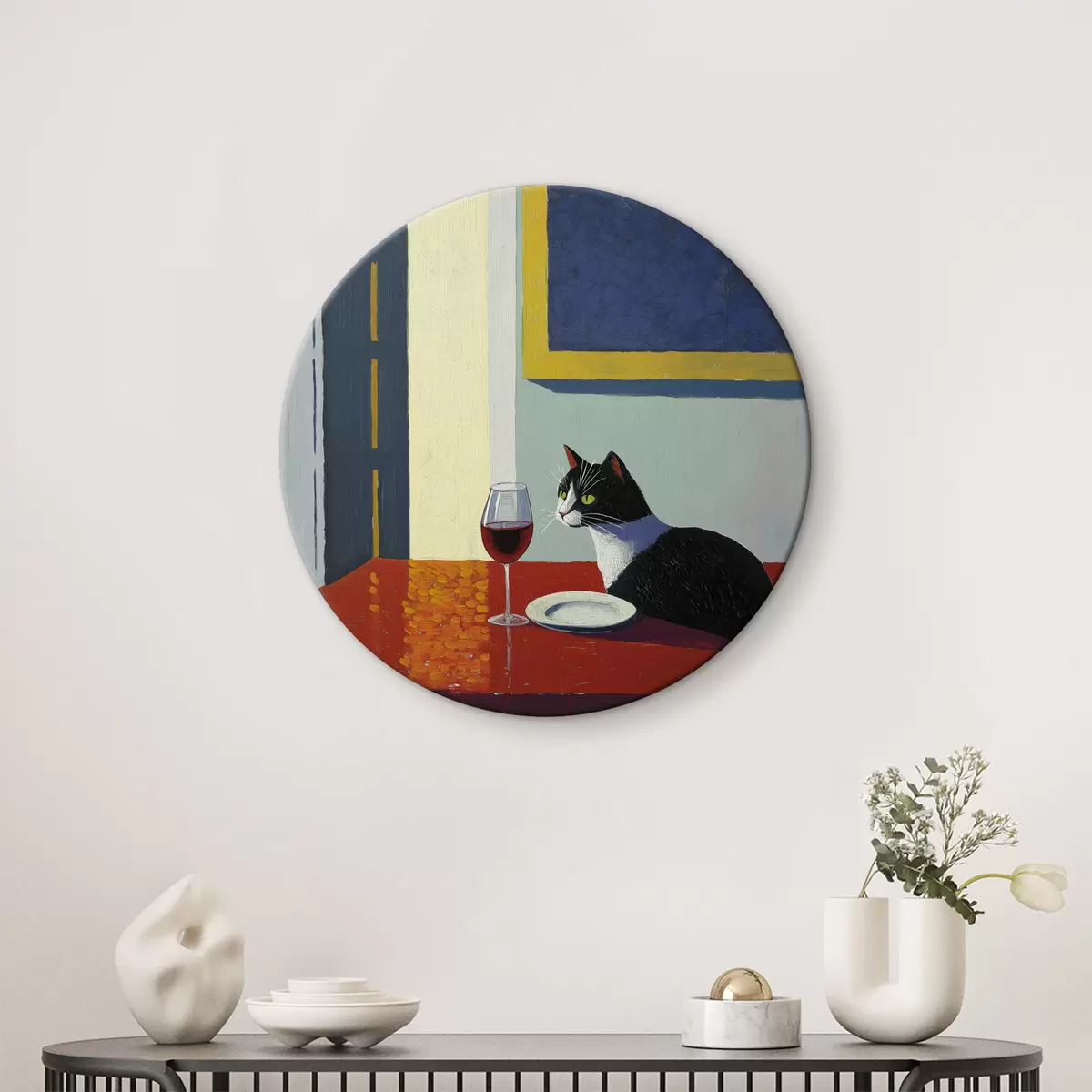 Apvalūs paveikslai Katė ir taurė vyno r39913