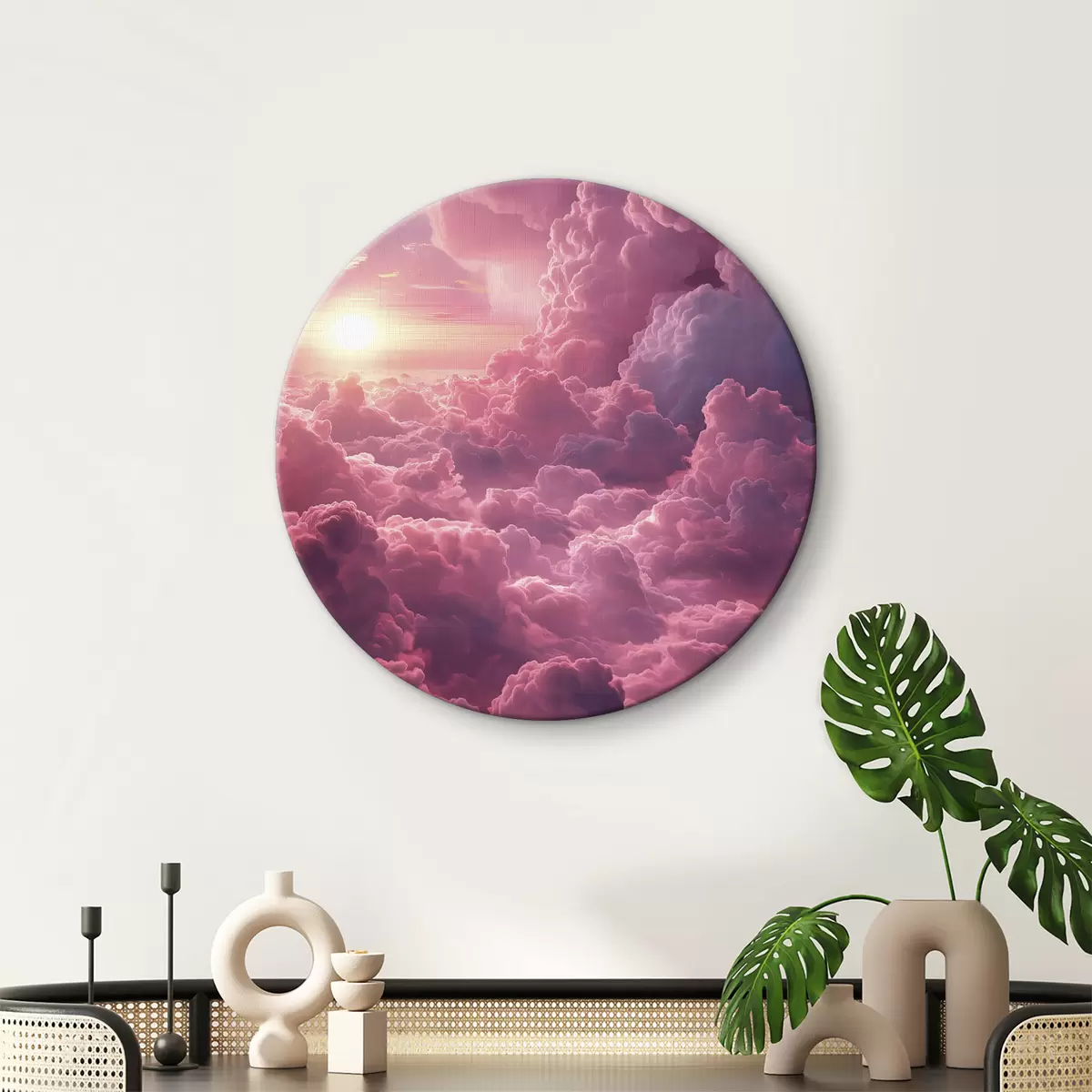 Apvalūs paveikslai Saulėlydžio dangus su purpuriniais ir rožiniais dažais, realizmas r39971 Apvalūs paveikslai Saulėlydžio dangus su purpuriniais ir rožiniais dažais, realizmas r39971