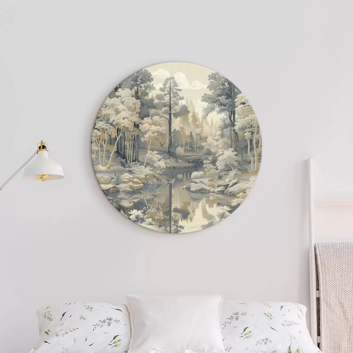 Apvalūs paveikslai Miško peizažas, vienspalvės spalvos, medžiai, tvenkinys, švelni pastelė r39974