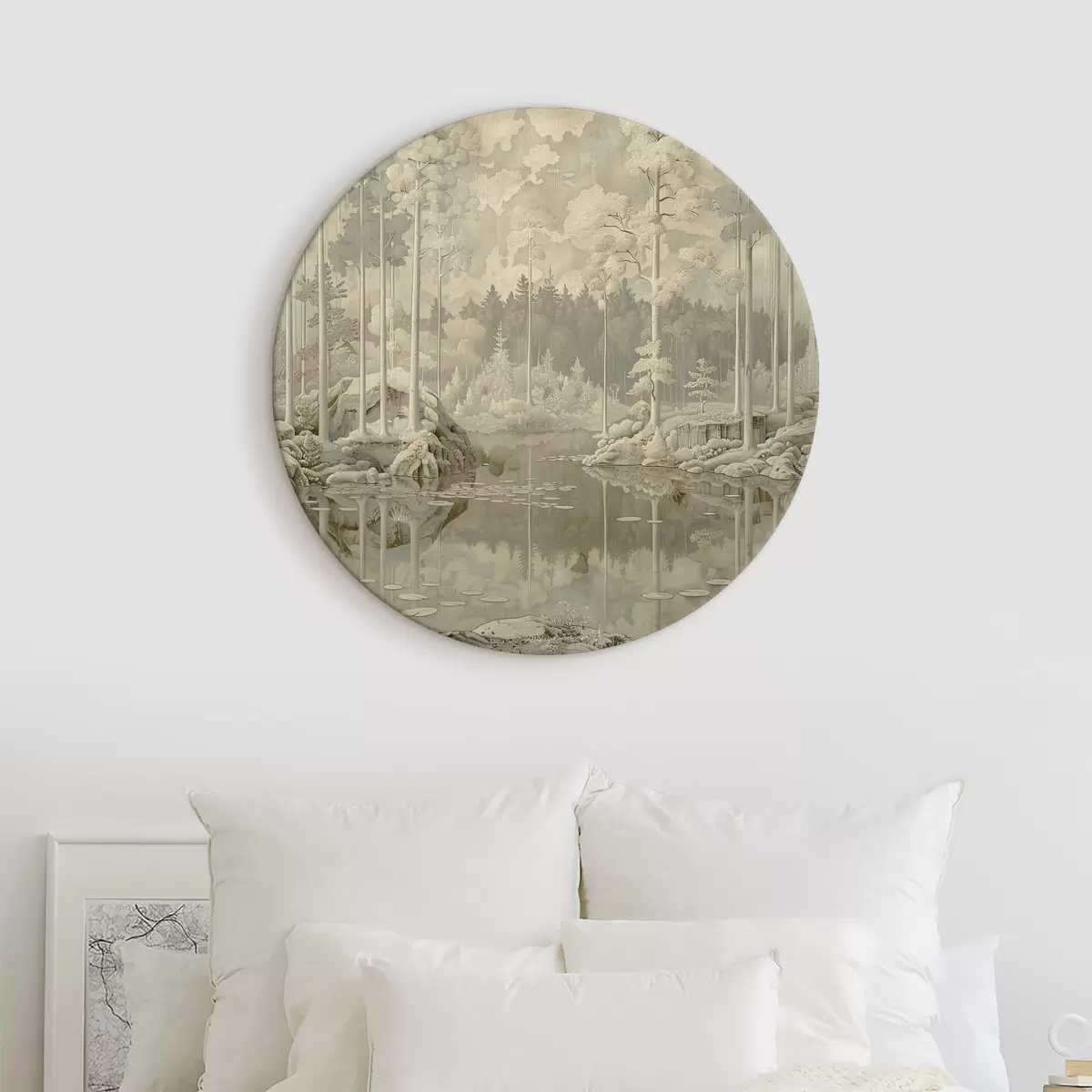 Apvalūs paveikslai Miško peizažas, monochrominės spalvos, medžiai, tvenkinys, abstrakcija r39975