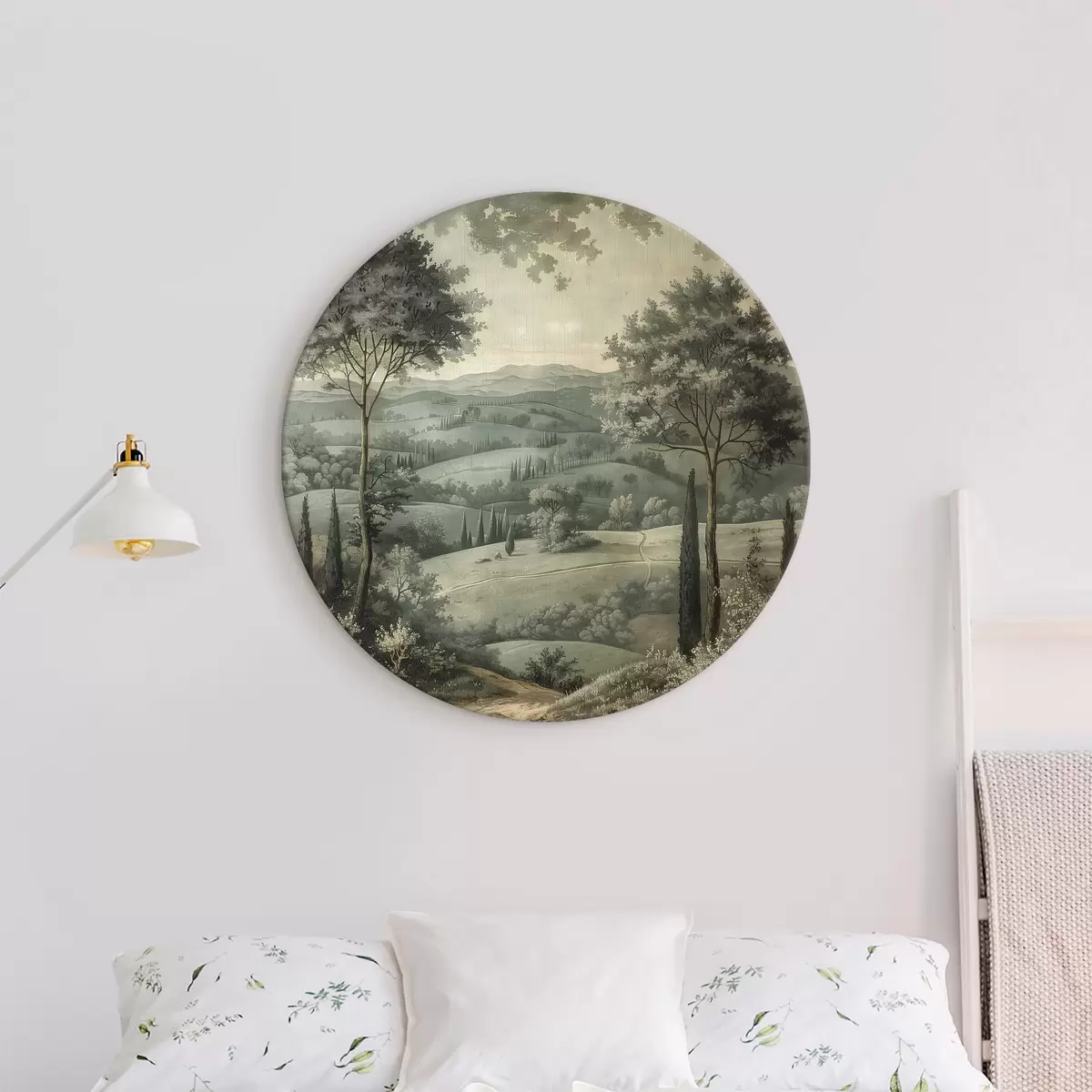 Apvalūs paveikslai Senovinis vasaros peizažas, kaimiškas stilius, pastelinės spalvos, kalvos su medžiais, boho r40087