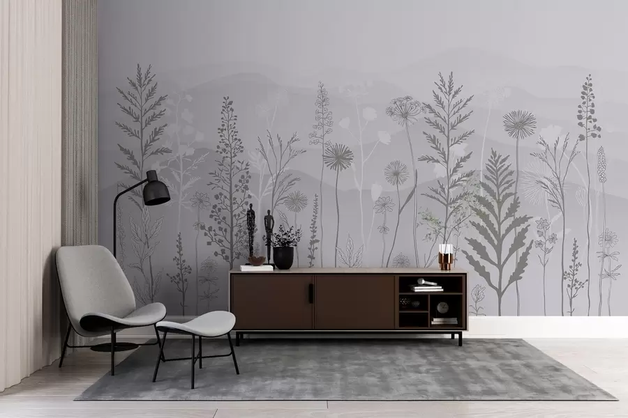 Fototapetai ekologiško stiliaus tapetai, laukinės gėlės pilkais tonais w02443