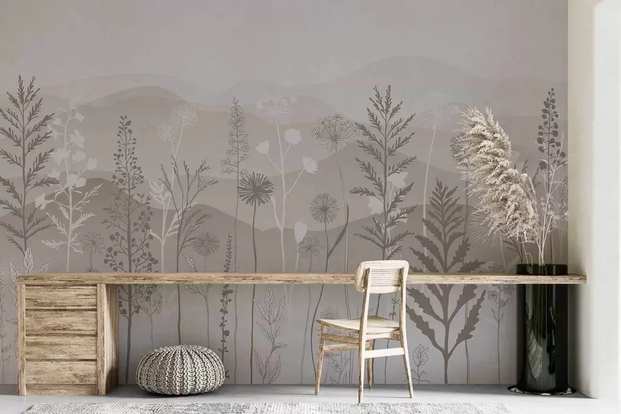 Fototapetai ekologiško stiliaus tapetai, laukinės gėlės šviesiai rudais tonais w02443v1