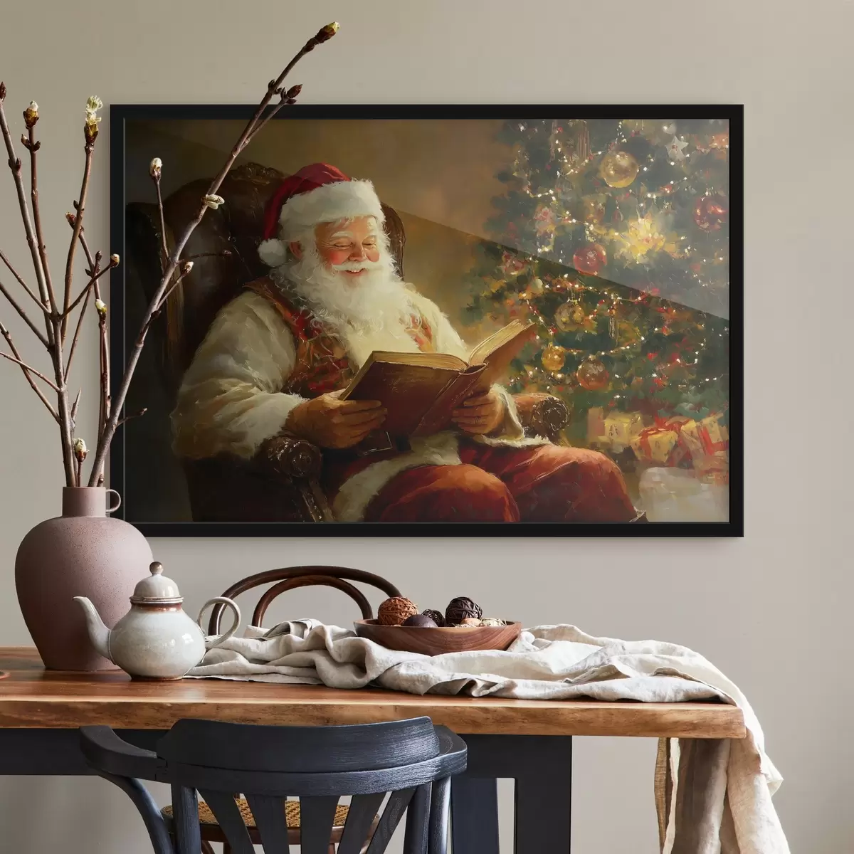 Plakatas Kalėdų Senelis skaito knygą prie Kalėdų eglutės f42100