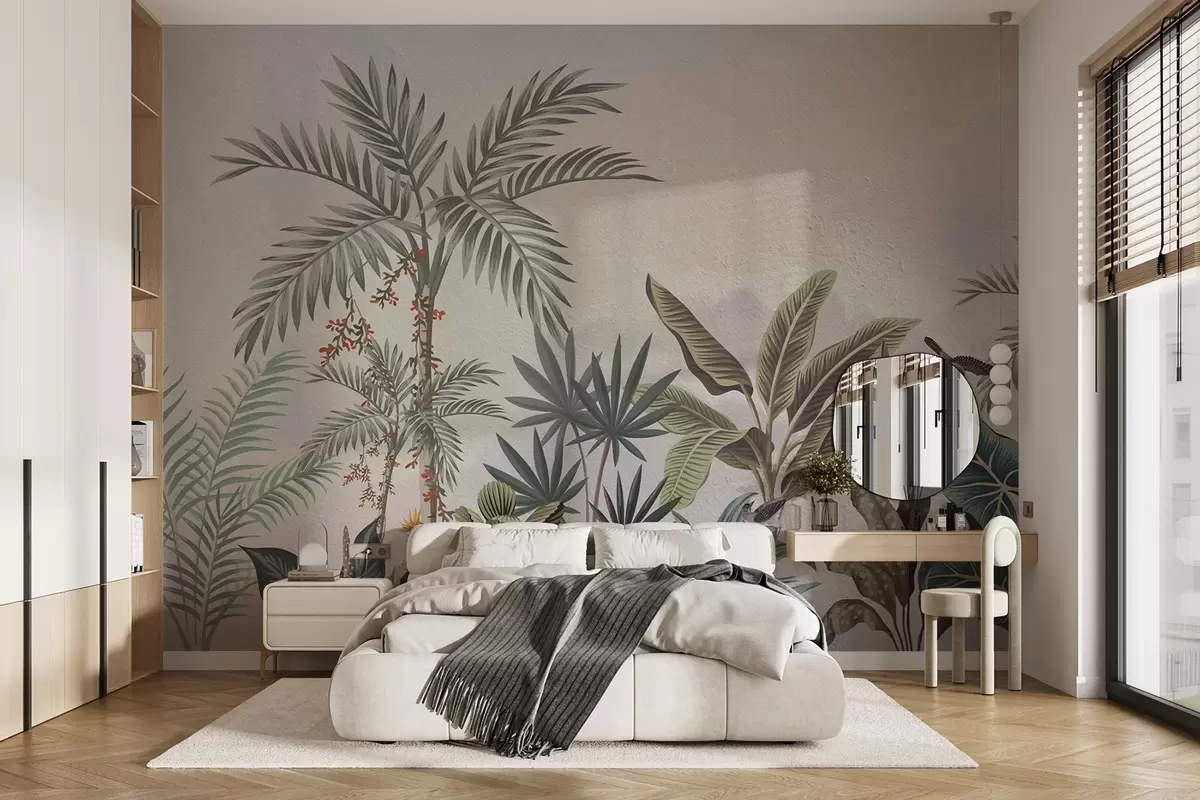 Fototapetai Atogrąžų džiunglės su palmėmis ir spalvingais paukščiais w08496