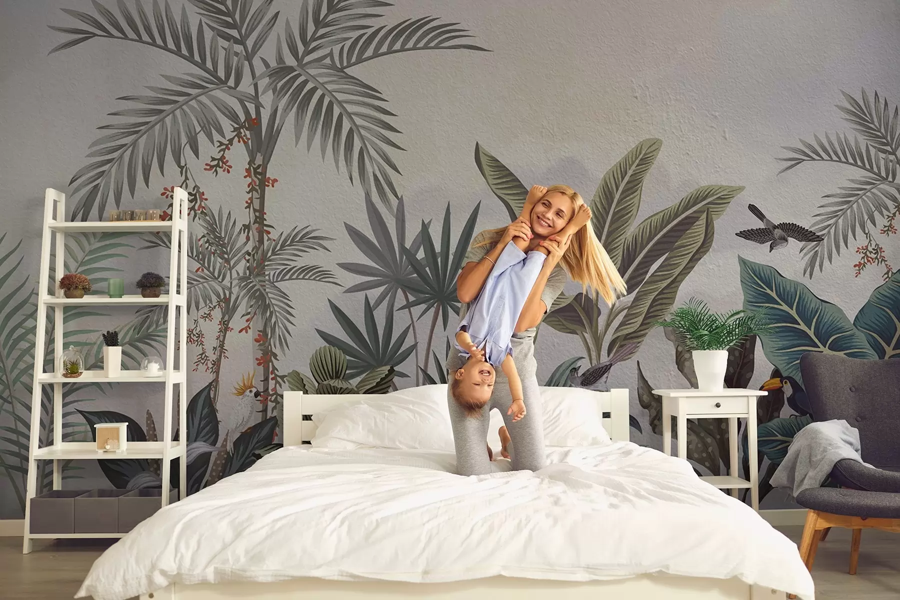 Fototapetai Atogrąžų džiunglės su palmėmis ir spalvingais paukščiais w08496