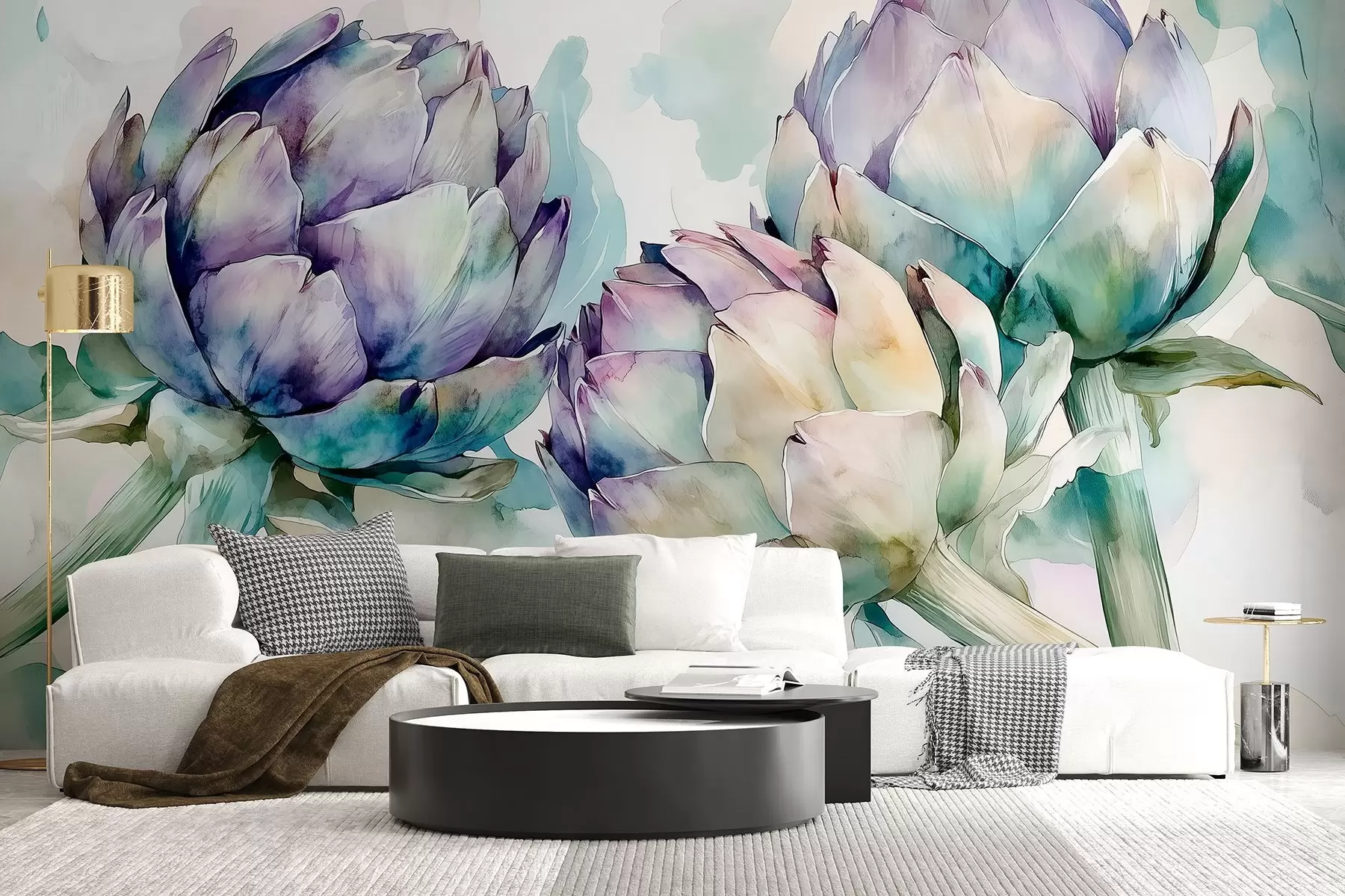 Fototapetai Artišokai akvarelės stiliaus, gėlės, rožinė ir žalia w02481v1