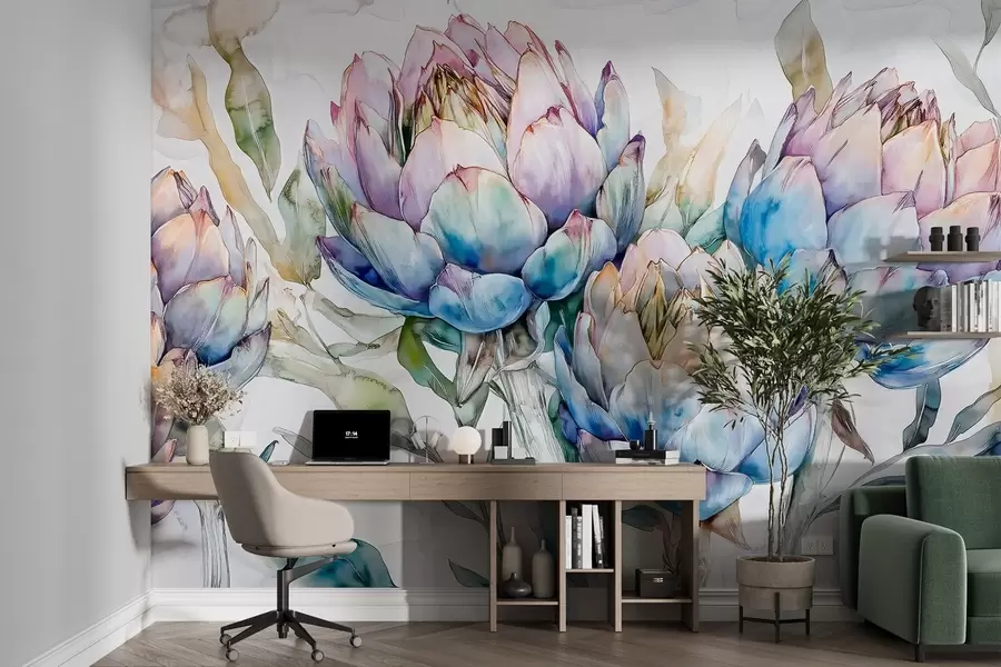 Fototapetai Artišokai piešinys, akvarelės stilius, gėlių, violetinė, smėlio spalvos, žalia w02484