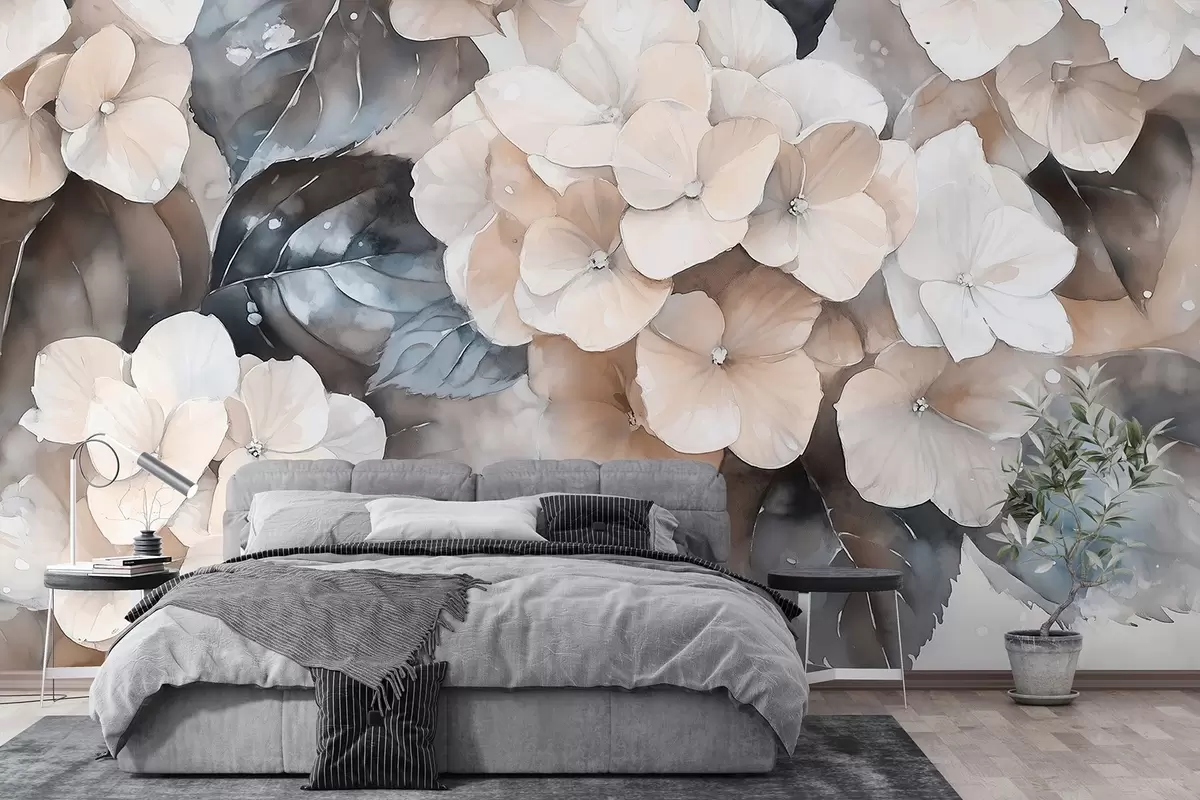 Fototapetai Hortenzijos gėlės, akvarelės stiliaus piešinys, smėlio spalvos, gėlių w02488