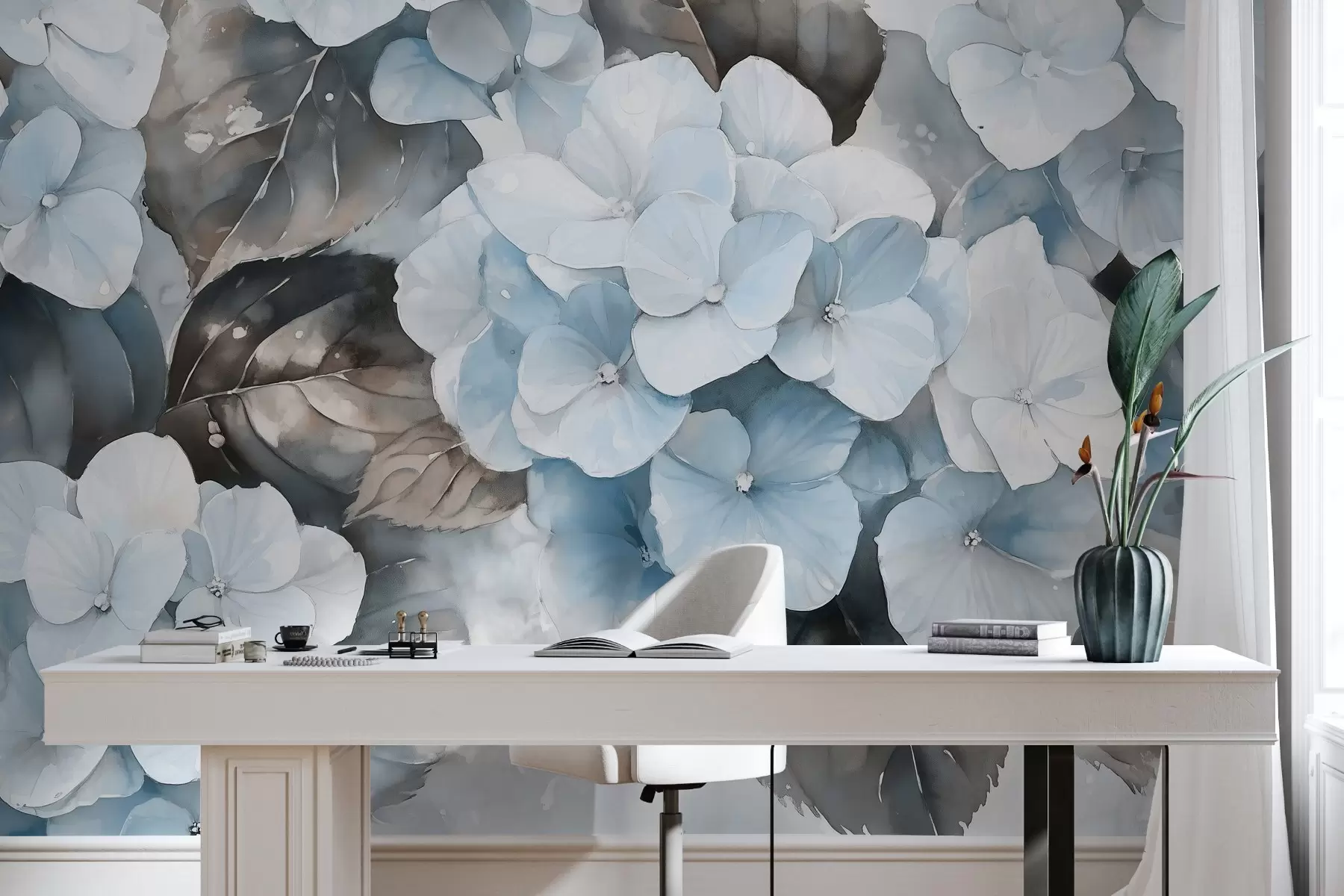 Fototapetai Hortenzijos gėlės, akvarelės stiliaus piešinys, mėlynos spalvos, gėlių w02488v1