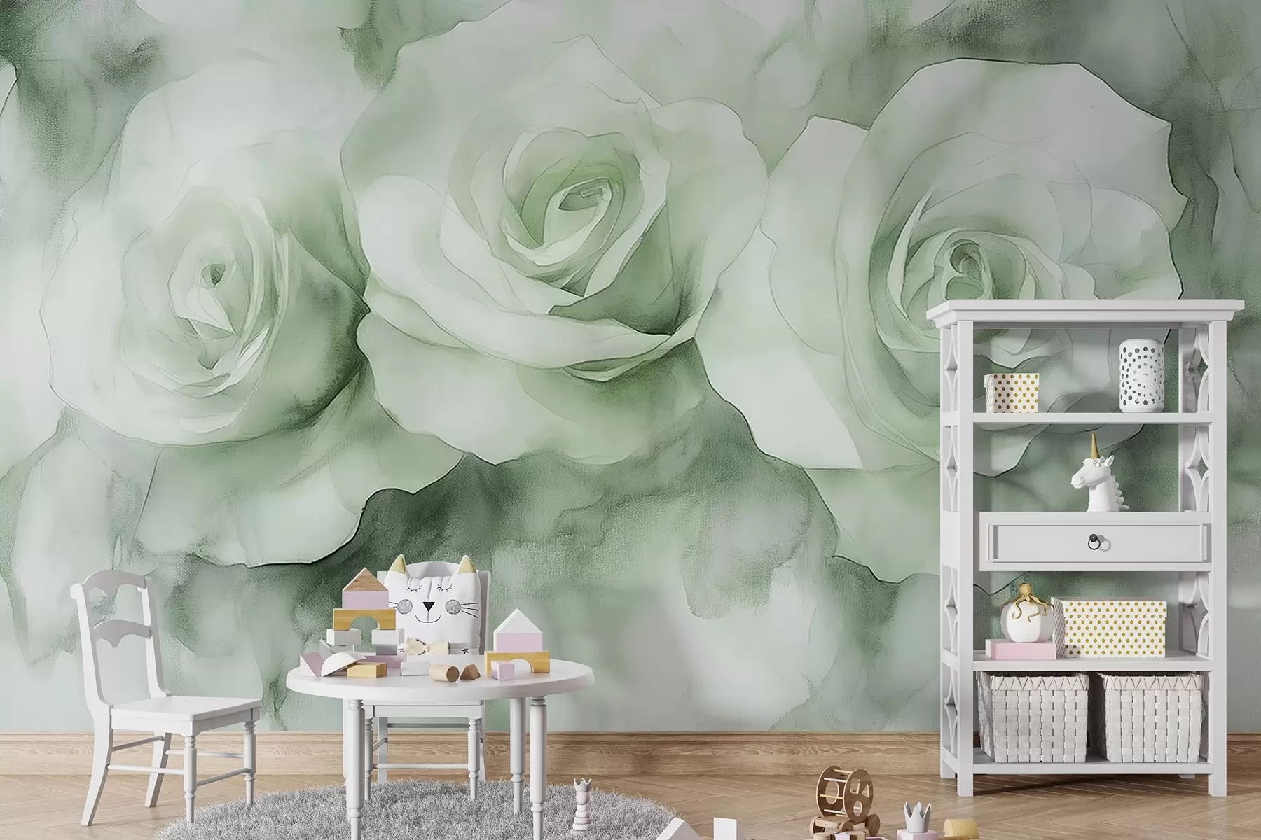 Fototapetai Gražios rožės, akvarelės stilius, žalios spalvos, bohemiškas w02492v2