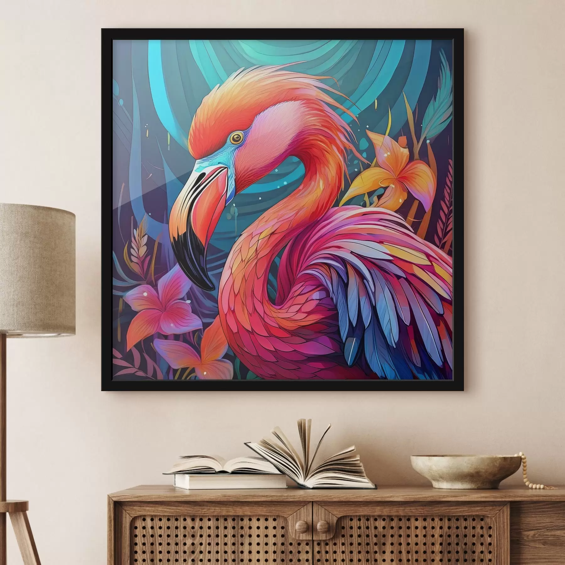 Paveikslėlis Spalvingas rožinis flamingas su gėlėmis f38609