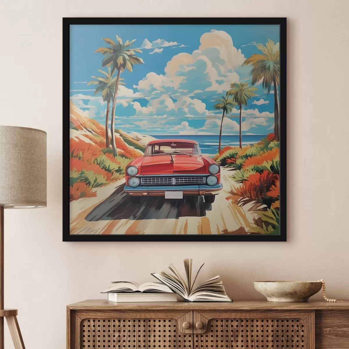 Plakatas Klasikinis automobilis prie pajūrio kelio f38806