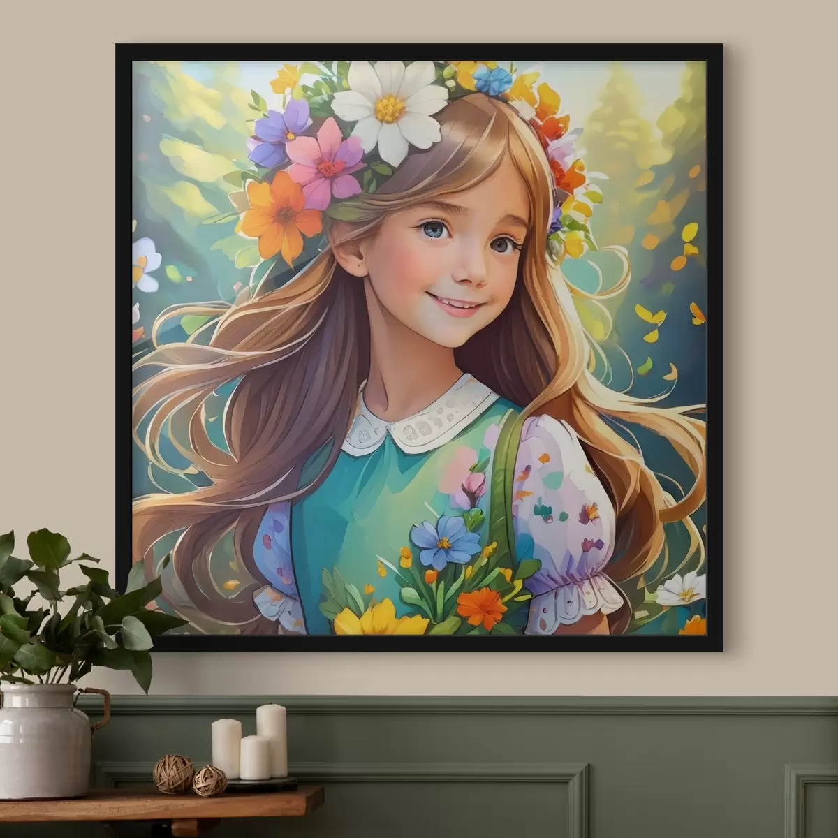 Plakatas Džiaugsminga mergaitė tarp žydinčių gėlių f39058