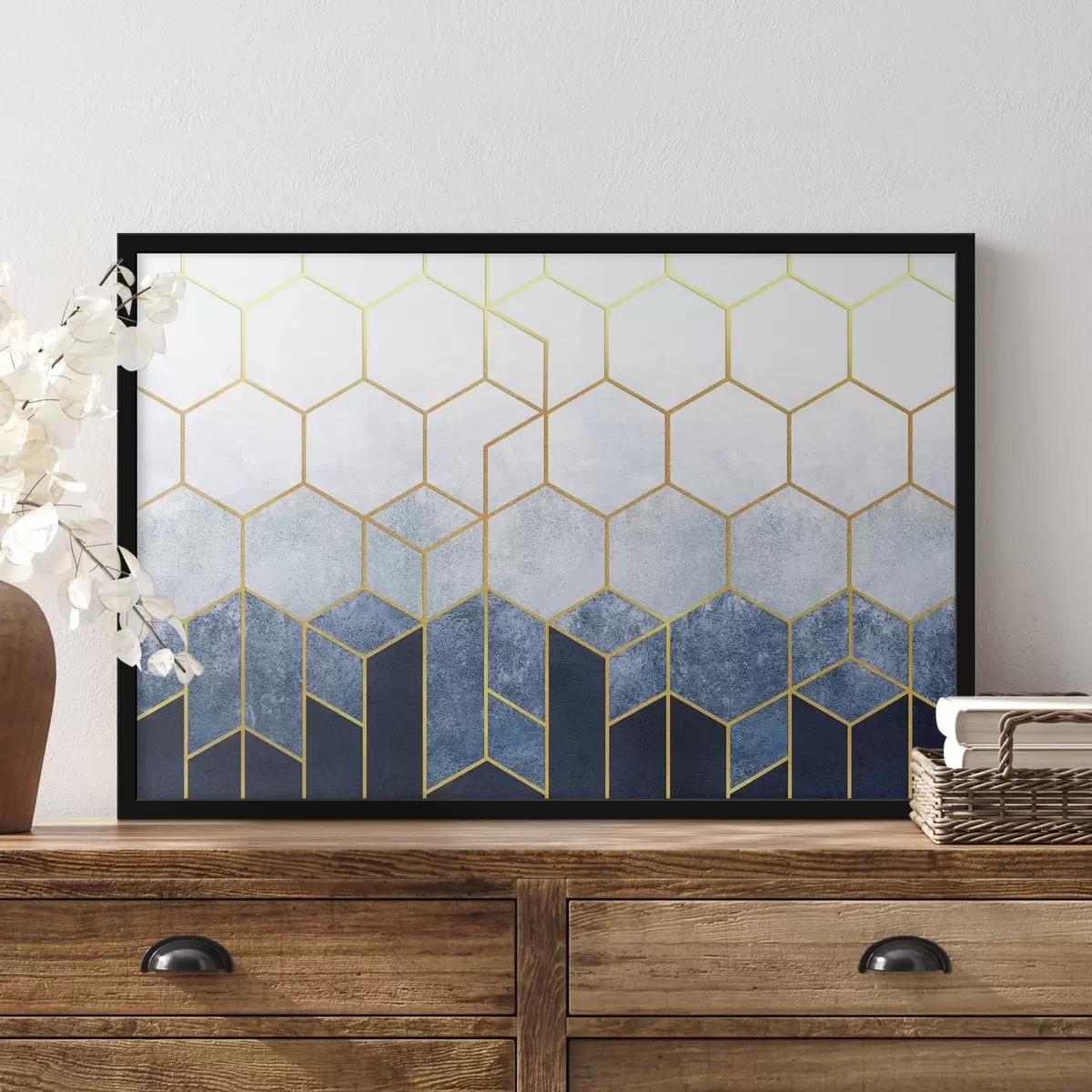 Plakatas Elegantiškas mėlynos ir baltos spalvos geometrinis raštas f36601