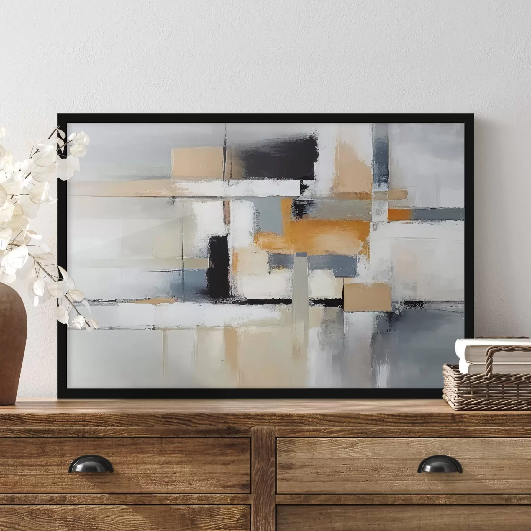 Fototapetai Smėlio ir pilkos spalvos abstrakcija su oranžiniais ir baltais pynimais f36624