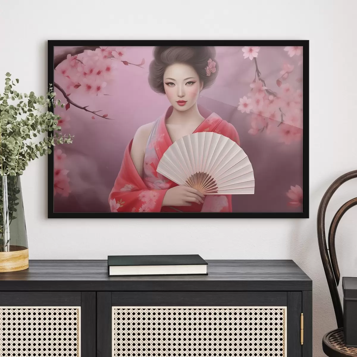 Plakatas Moteris su kimono, laikanti vėduoklę f36804