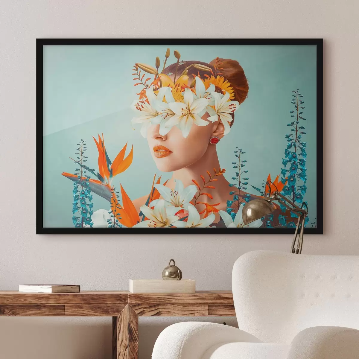 Plakatas Moteris su gėlėmis aplink akis f37480