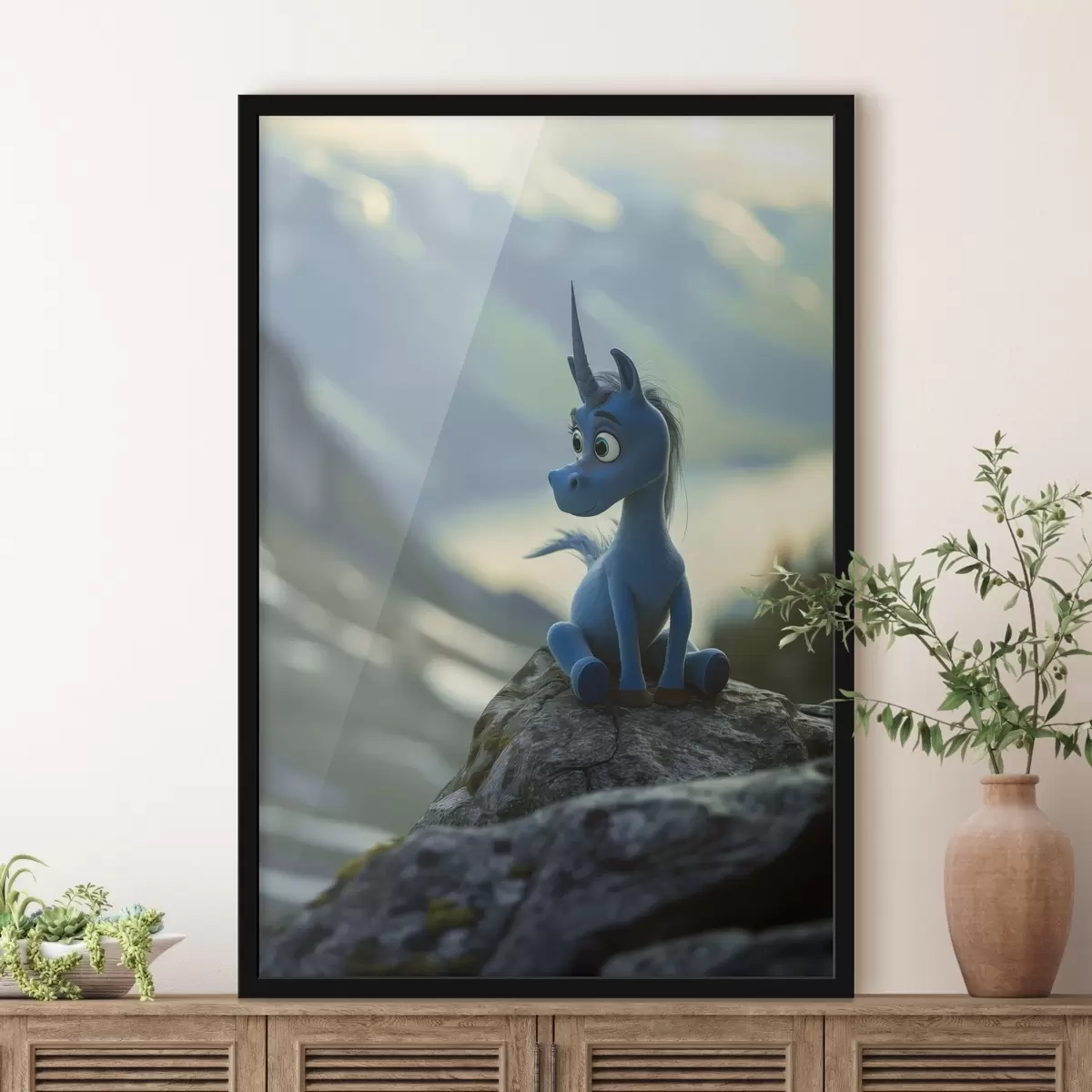 Plakatas Mėlyno vienaragio, sėdinčio ant uolos, piešinys f38274