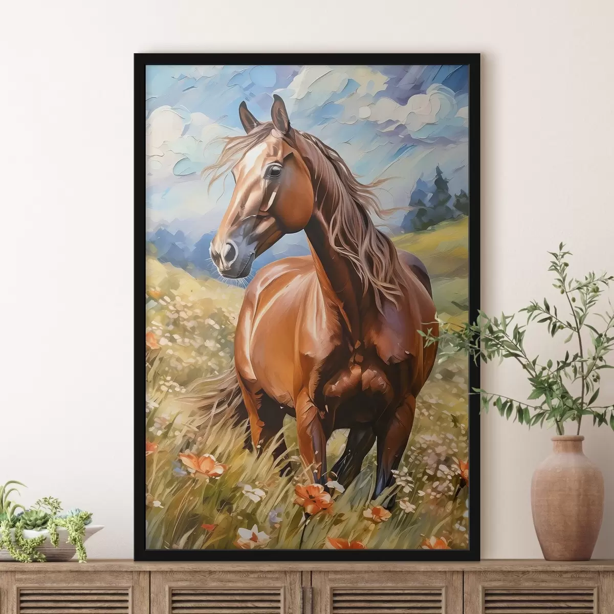 Plakatas Arklys gėlių lauke f38728