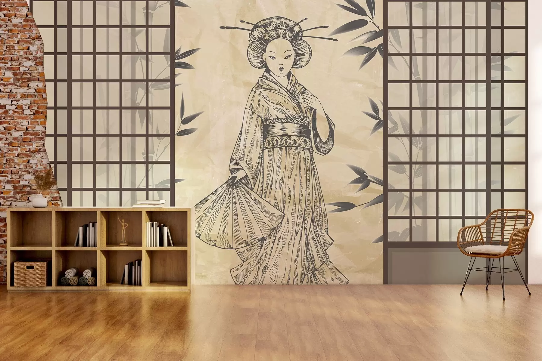 Fototapetai Senas azijietiško stiliaus namas, mergina tradiciniais drabužiais, vyšnių žiedai, vyšnių žiedai, Shoji w02535