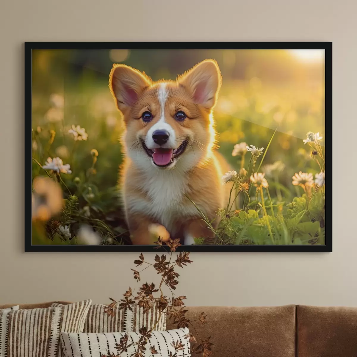 Plakatas Korgių veislės šuniukas laukinėse gėlėse f33532