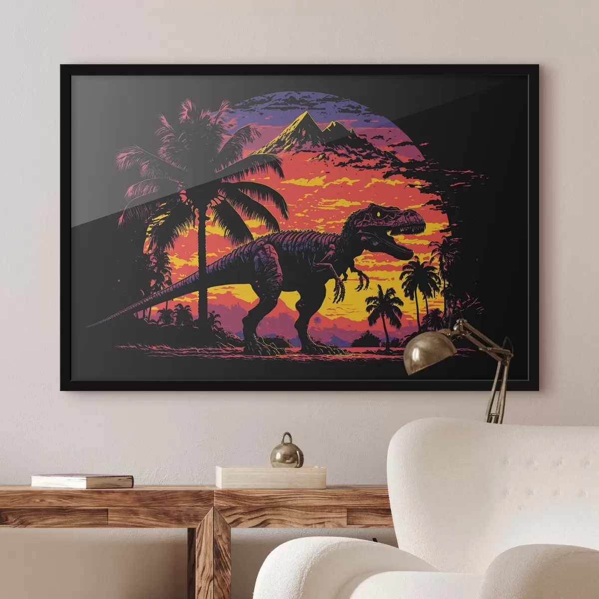 Plakatas Dinozauras saulėlydyje tarp palmių f33894