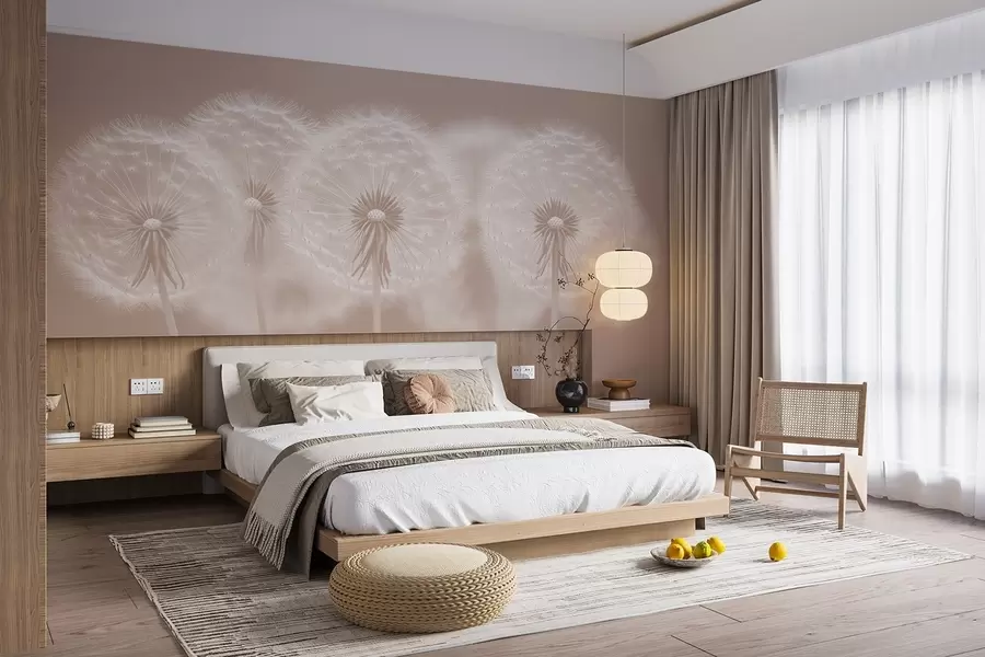 Fototapetai Švelnios rožinės spalvos ore tvyrančios pienės rausvame natūraliame fone w08498v1