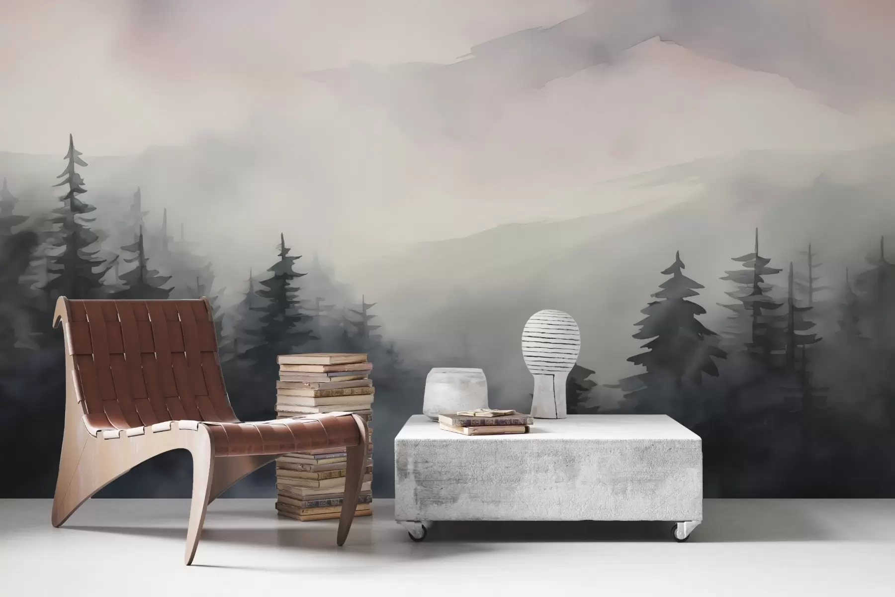 Fototapetai Akvarelės imitacija miško eglių siluetai w02585