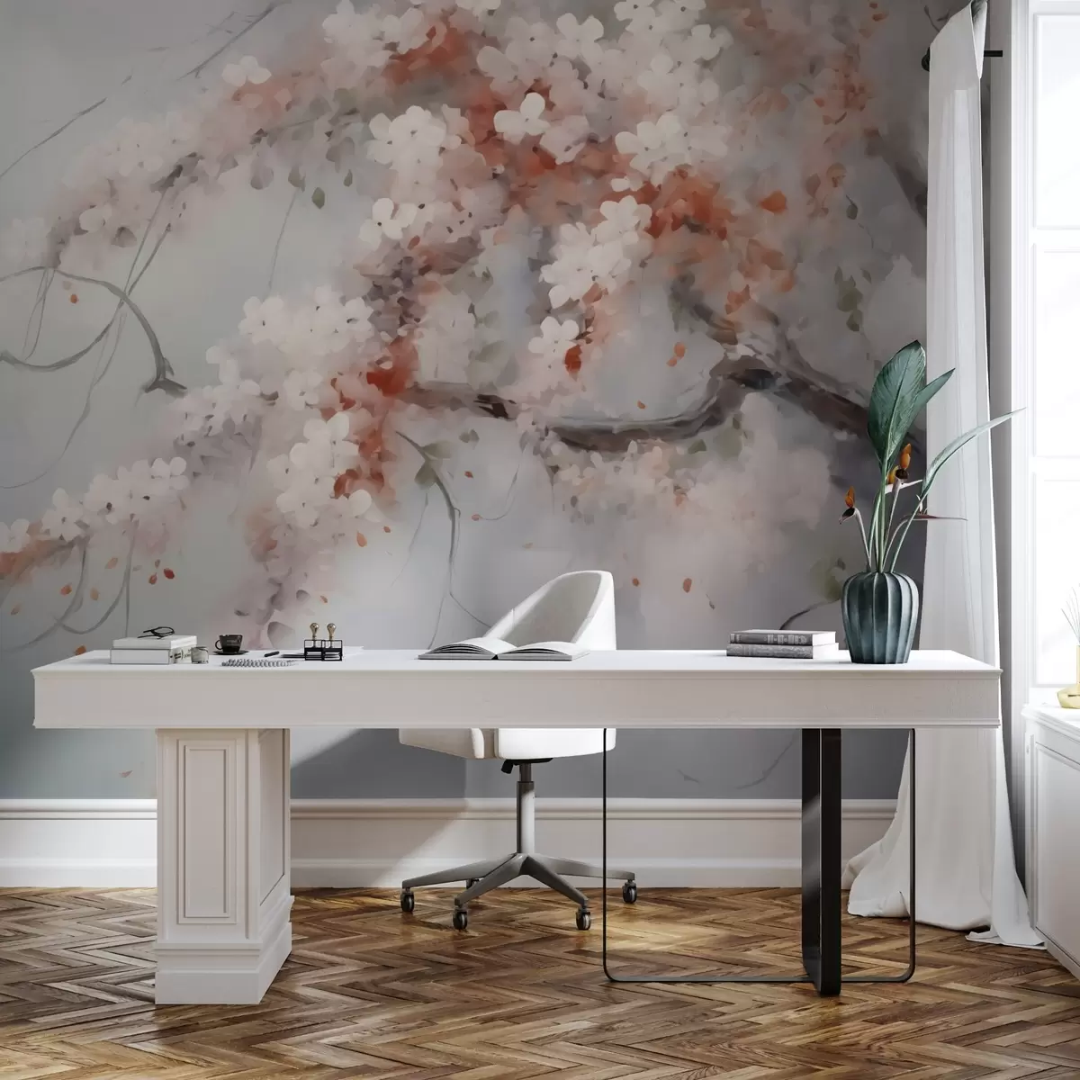 Fototapetai Abstrakti šaka su baltomis ir raudonomis gėlėmis, imituojanti tapybą w02594