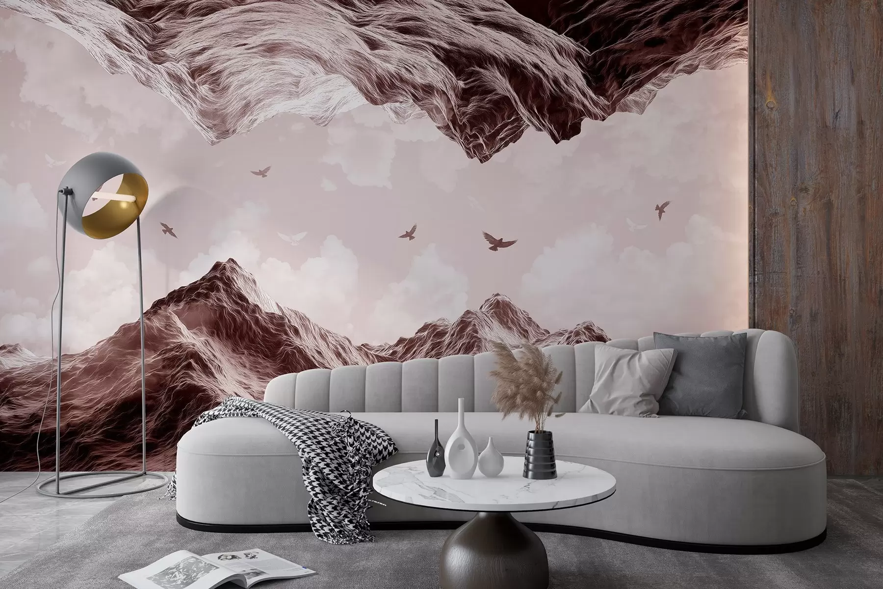 Fototapetai Kalnai kraštovaizdis, realizmas, skraidantys paukščiai, gamta, debesys, rudos spalvos w02514v2