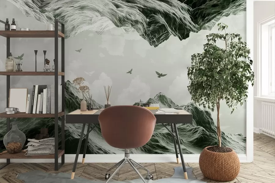 Fototapetai Kalnų kraštovaizdis, realizmas, skraidantys paukščiai, gamta, debesys, žalios spalvos w02514v3