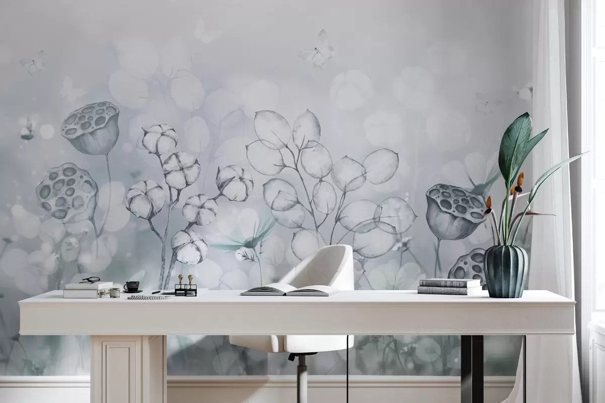 Fototapetai Svajingas gėlių sodas, drugelis, medvilnės gėlės, lotosai, pilkos spalvos w02516v2