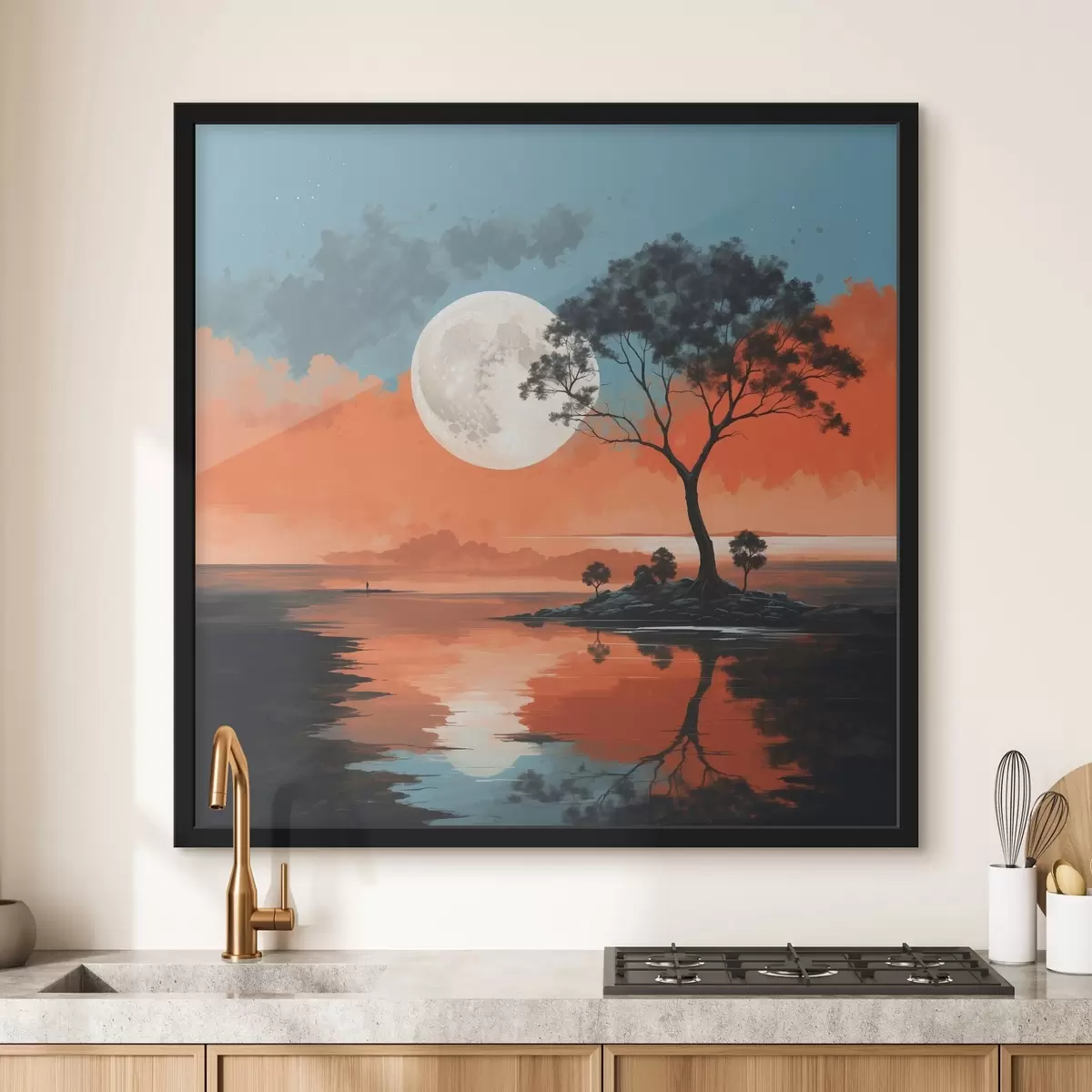 Plakatas Medis ežero viduryje mėnulio fone f41775