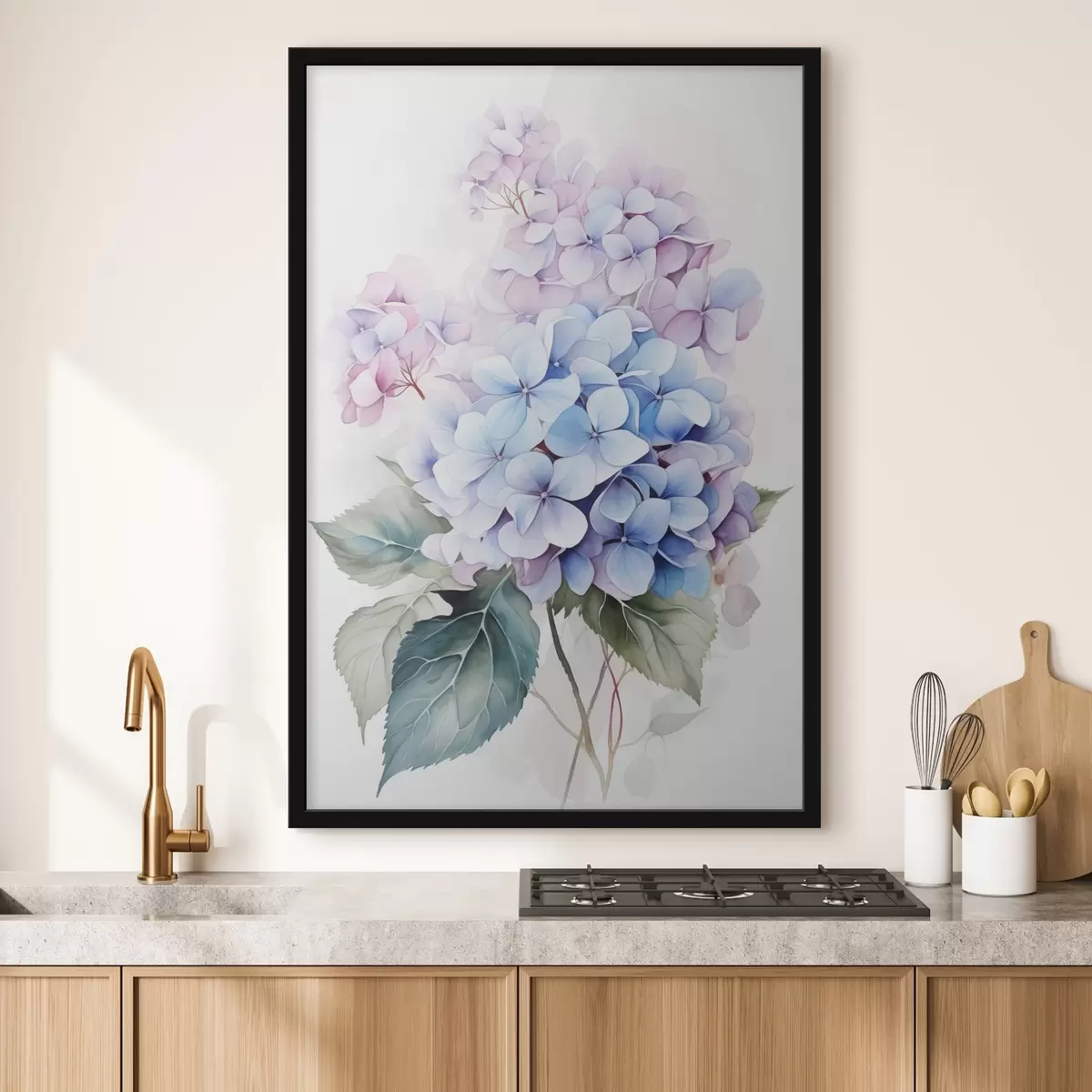 Plakatas Šaka su hortenzijos žiedų imitacijos akvarele f42143