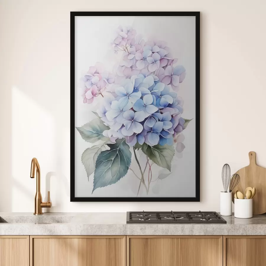 Fototapetai Šaka su hortenzijos žiedų imitacijos akvarele f42143