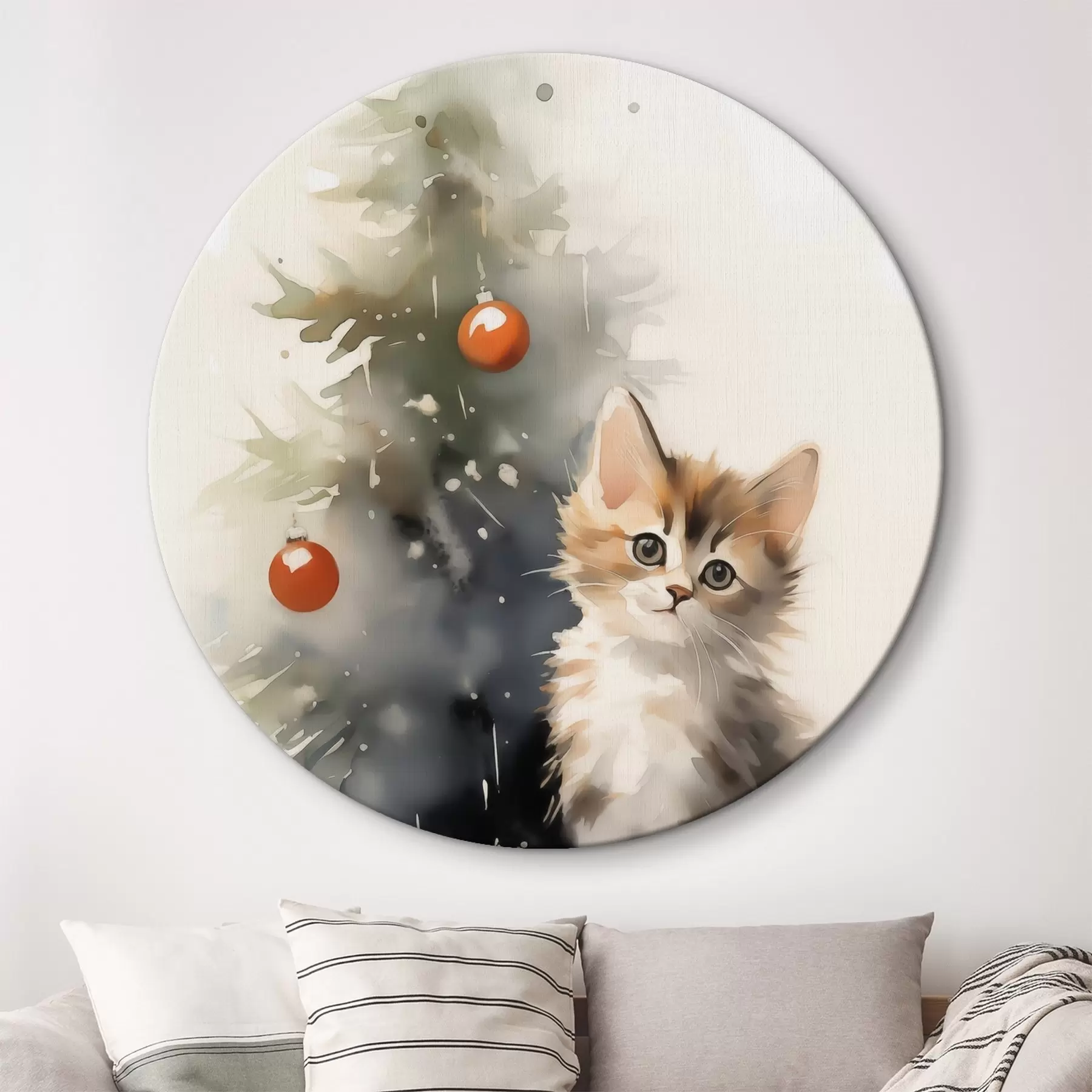 Fototapetai Kačiukas prie kalėdinės eglutės, imituojantis šlapią akvarelę r42140