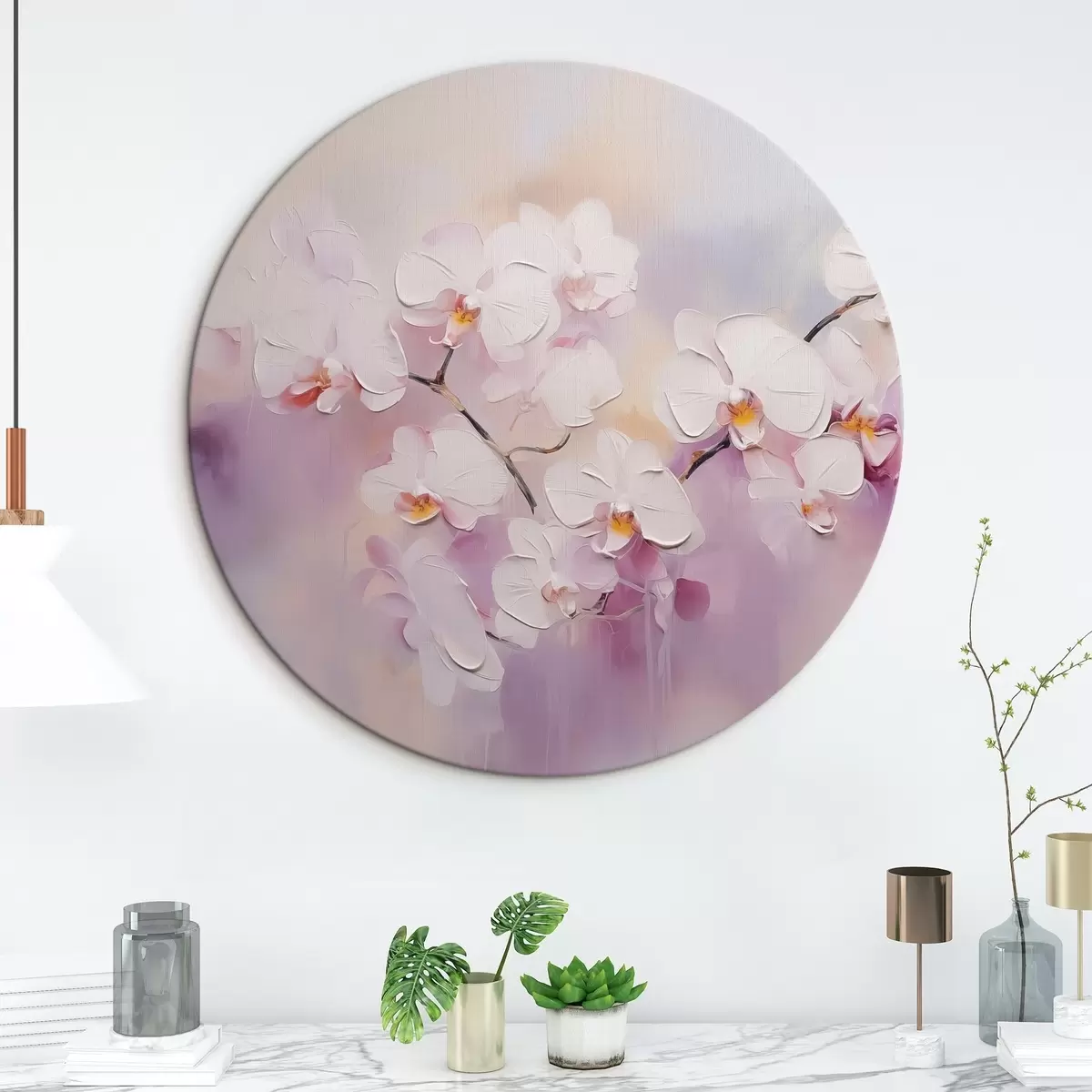 Apvalūs paveikslai Šaka su baltomis orchidėjomis, imituojanti tapybą r42141