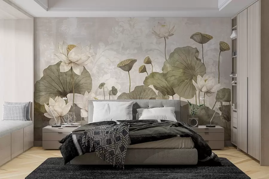 Fototapetai Baltų lotoso žiedų su dideliais žaliais lapais laukas švelniame, miglotame smėlio spalvos fone w08527