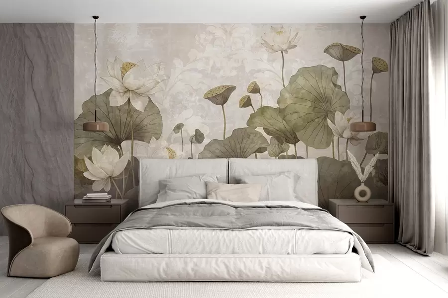 Fototapetai Baltų lotoso žiedų su dideliais žaliais lapais laukas švelniame, miglotame smėlio spalvos fone w08527