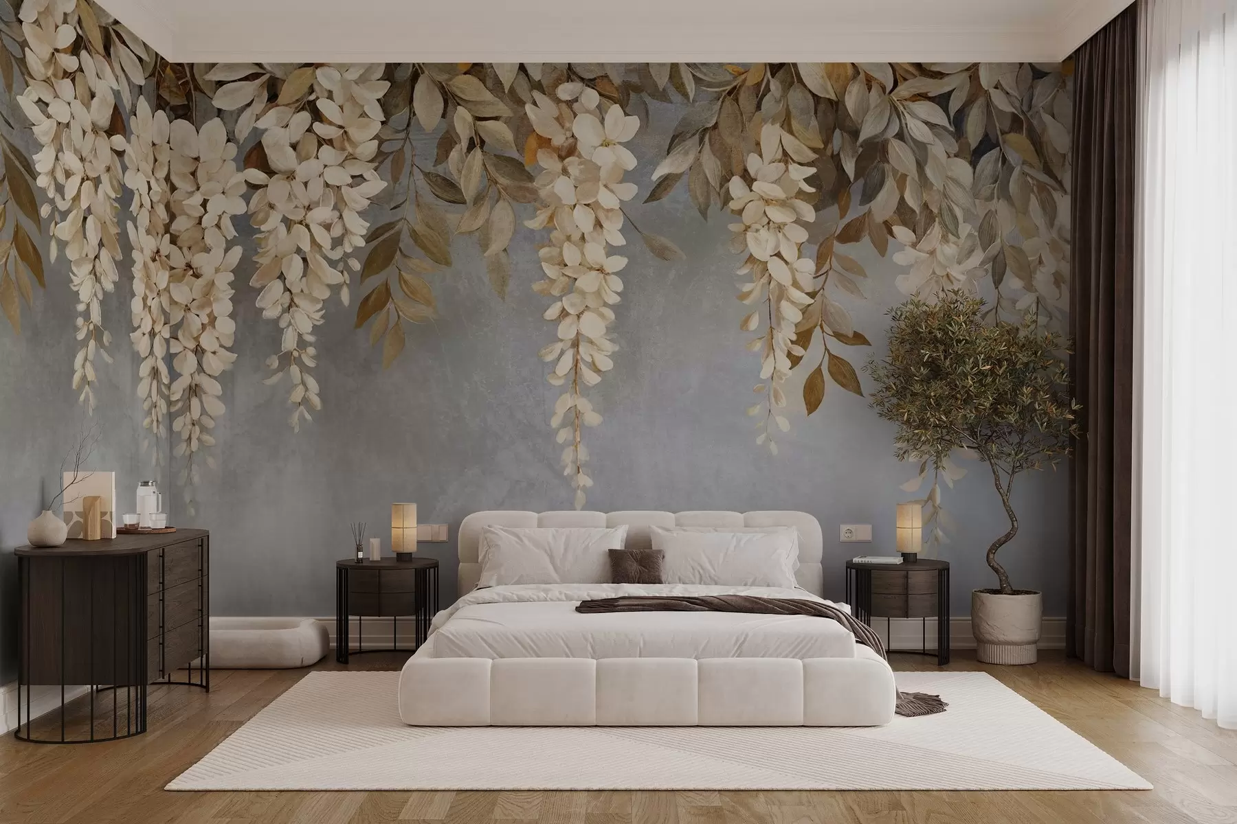 Fototapetai Švelnūs balti ir šviesiai smėlio spalvos visterijos žiedai su lapija kaskadomis žemyn švelniai pilkame fone w08531