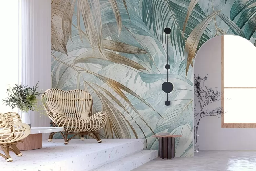 Fototapetai Tropinis abstraktus gėlių raštas su dideliais mėlynos ir smėlio spalvos palmių lapais sukuria sodrią atmosferą w08532