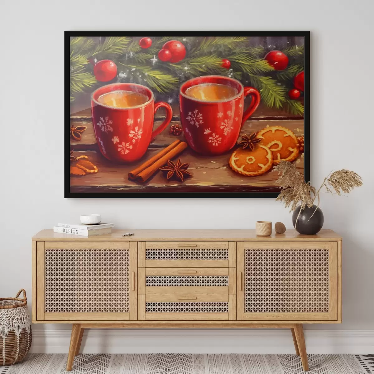 Plakatas Arbatos puodeliai tarp šventinių šakų f42164