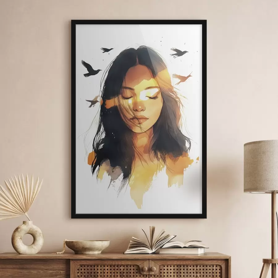 Fototapetai Akvarelės stiliaus portretas, graži mergaitė, saulės šviesa, skraidantys paukščiai f42198