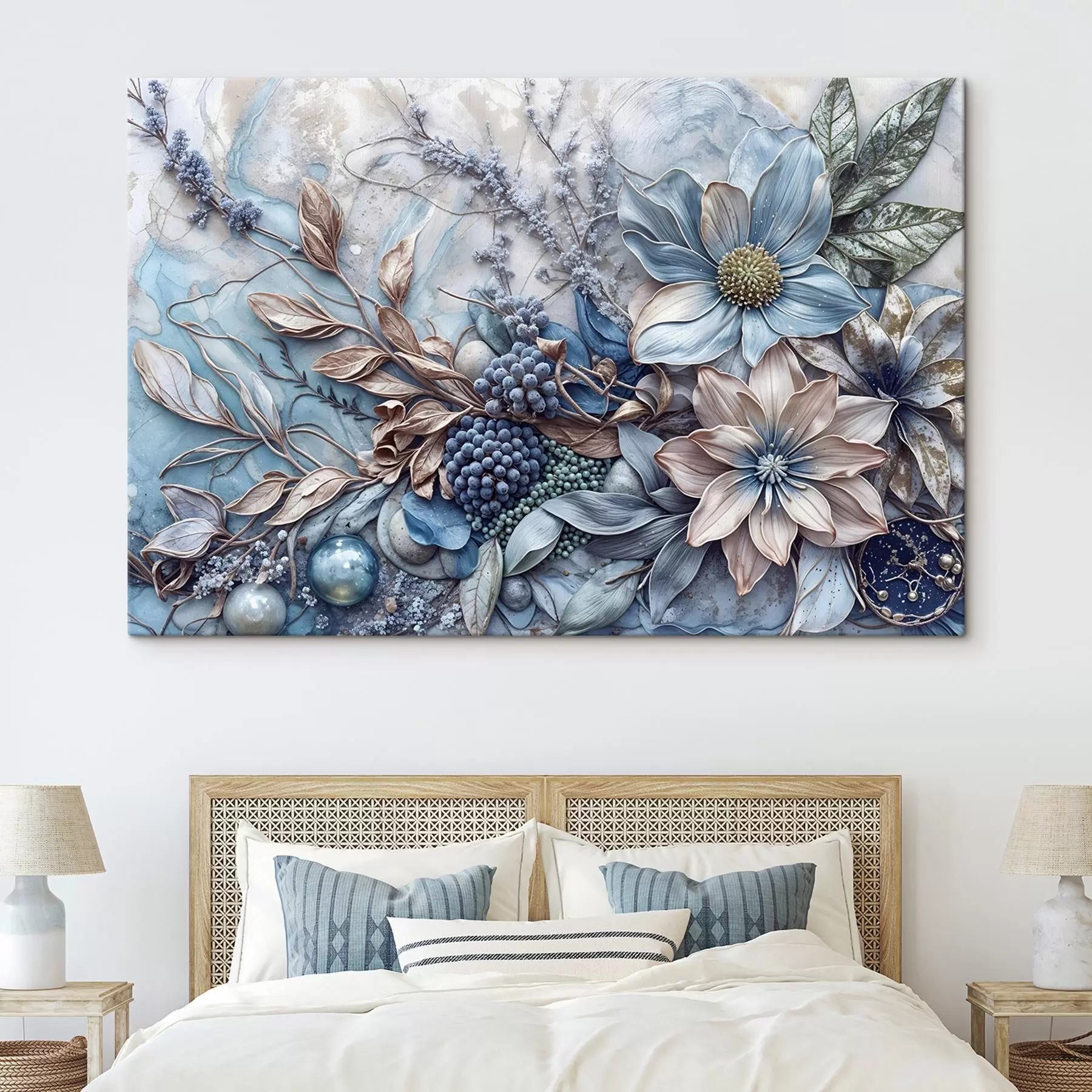 Fototapetai Išsamios tekstūros abstraktūs sodrūs gėlių žiedai su didelėmis, ryškiomis mėlynomis ir rožinėmis gėlėmis, uogomis ir kitais botaniniais elementais  s42210