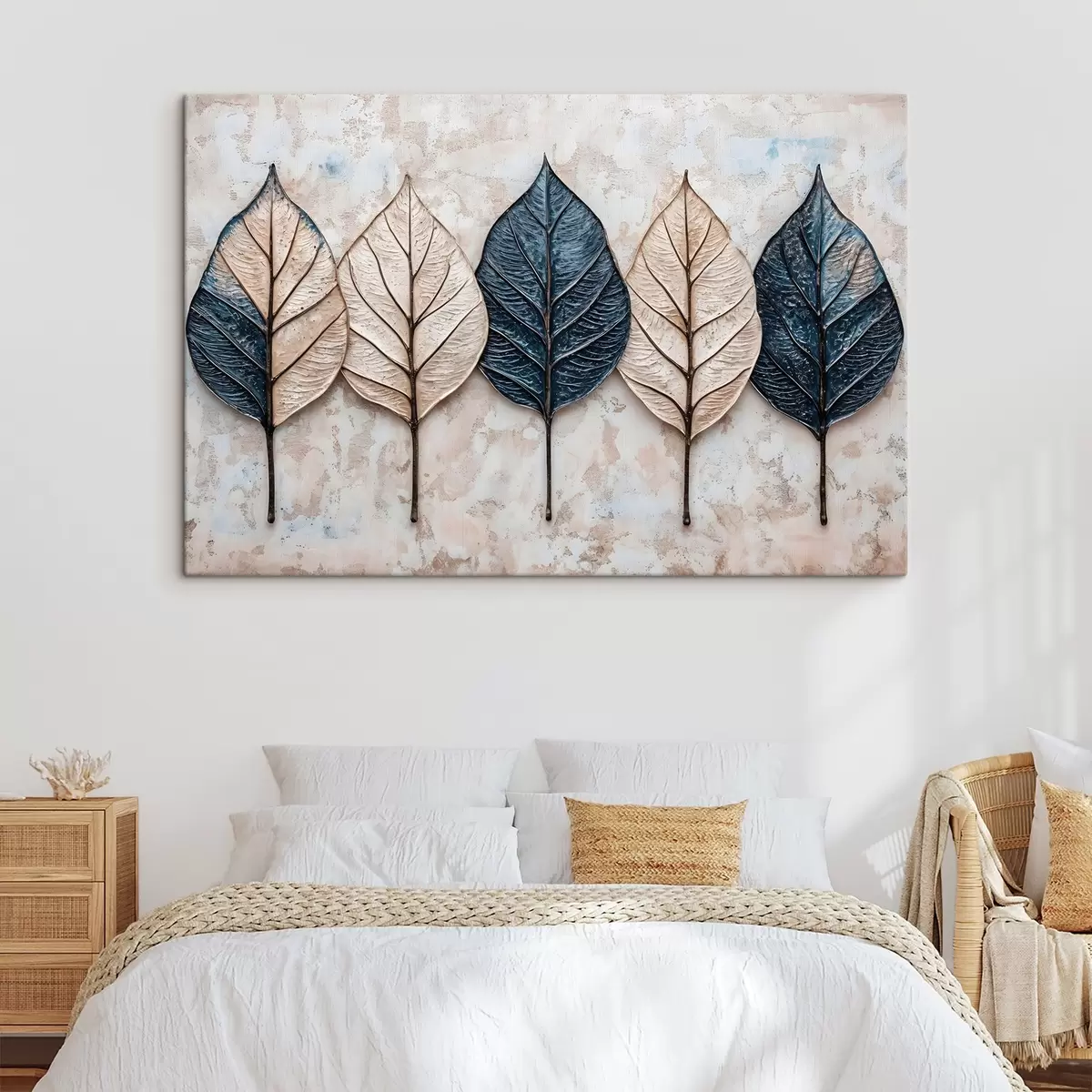 Paveikslėlis Įvairių rudų, smėlio ir mėlynų atspalvių rudeniniai abstraktūs lapai, surikiuoti į eilę šviesiame fone s42217