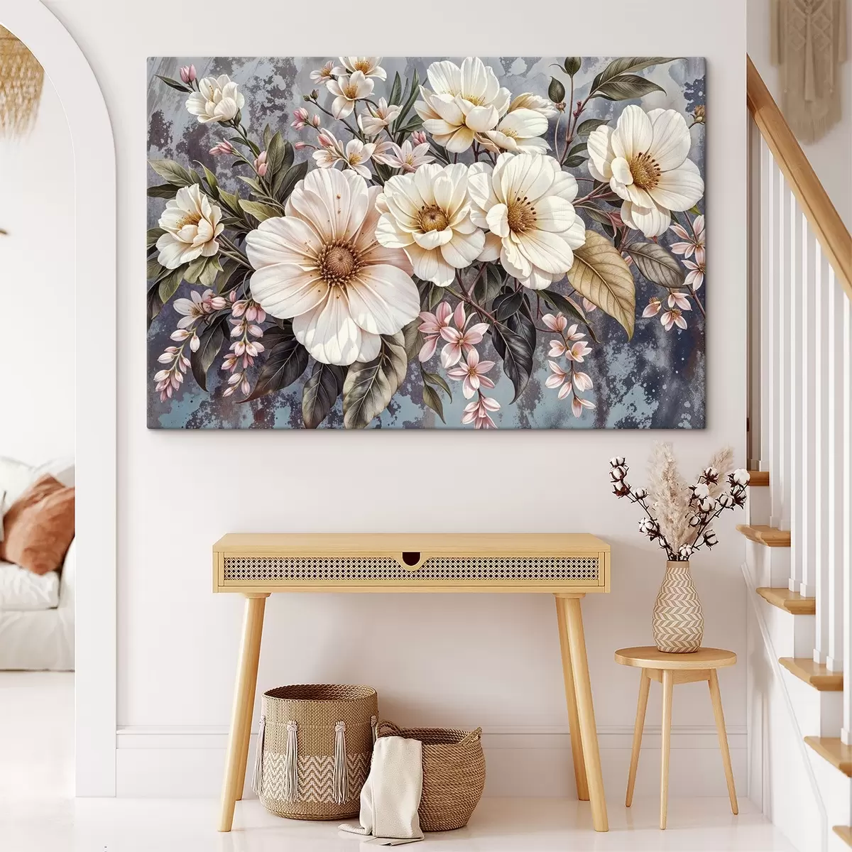 Paveikslėlis Ryški puokštė, sudaryta iš didelių baltų ir rausvų jurginų žiedų su žaliais lapais tamsiame fone s42227