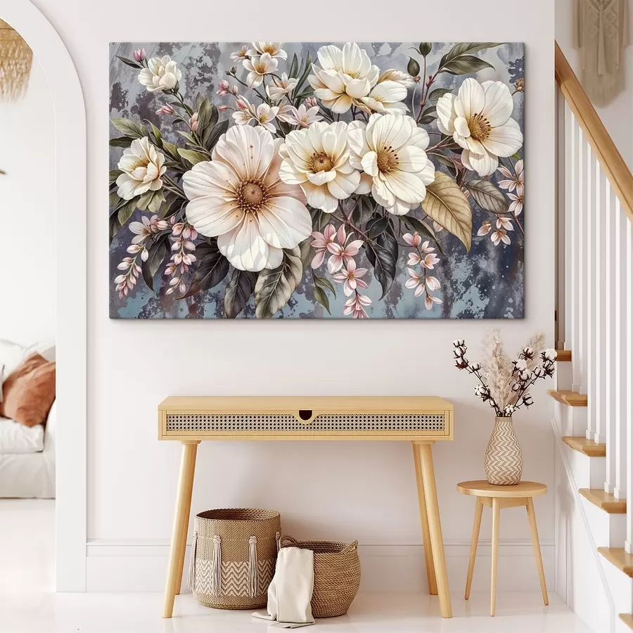 Paveikslėlis Ryški puokštė, sudaryta iš didelių baltų ir rausvų jurginų žiedų su žaliais lapais tamsiame fone s42227